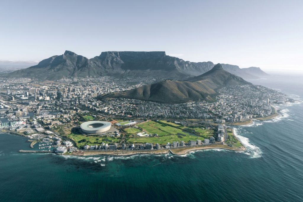 An aerial view of Cape Town, South Africa, a popular travel destination.