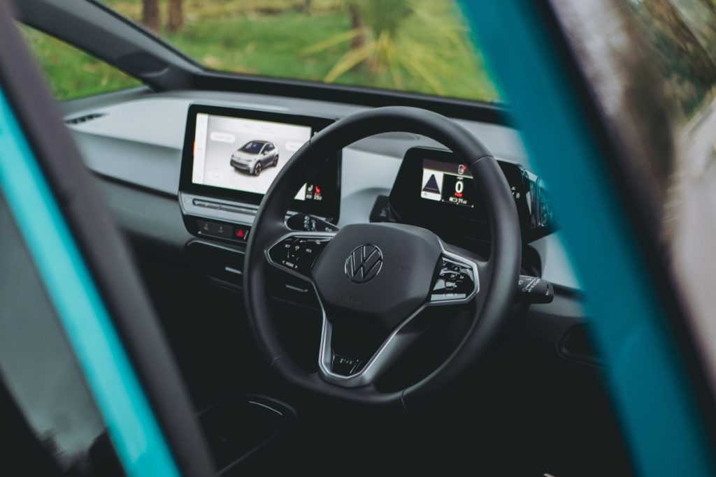 The interior of a Volkswagen electric vehicle.