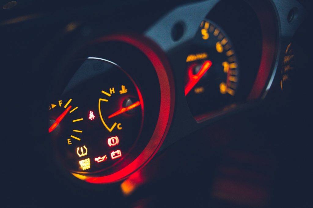 A fuel gauge inside a car.